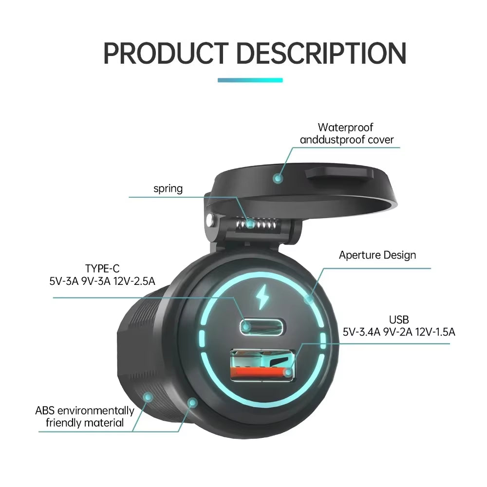 12V/24V Car USB Charger Socket PD Type C + QC 3.0 Power Outlet with Spring Cover Dual Ports Fast Charging for Motorcycle ATV RV