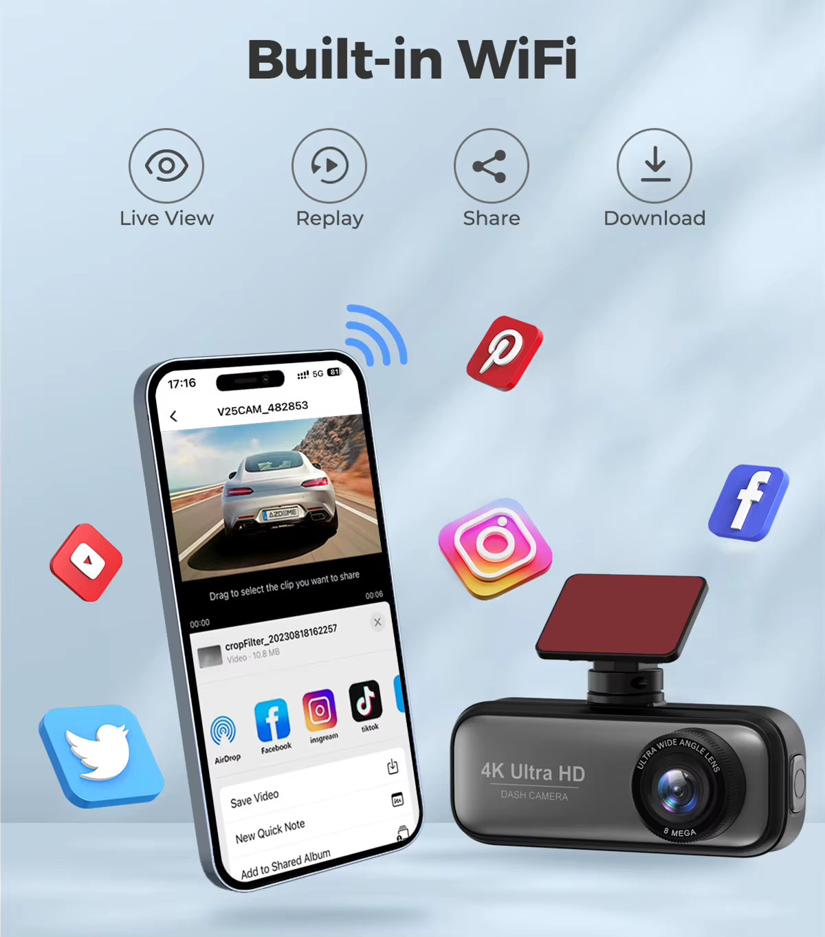 Dash Cam Ultra HD 4K+1080P Dual Dashcam Front and Rear for Cars, Built-In Wifi, Night Vision, APP, G-Sensor,170° Wide