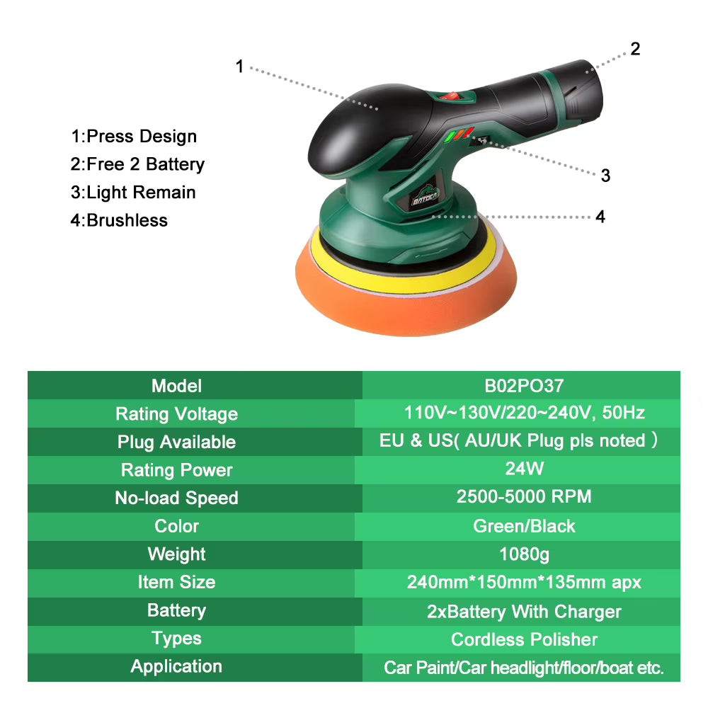 Cordless Car Polisher 12V Wireless DA Car Polishing Machine Brushless Dual Action Buffer Free 2Pcs 2.0Ah Lithium Battery
