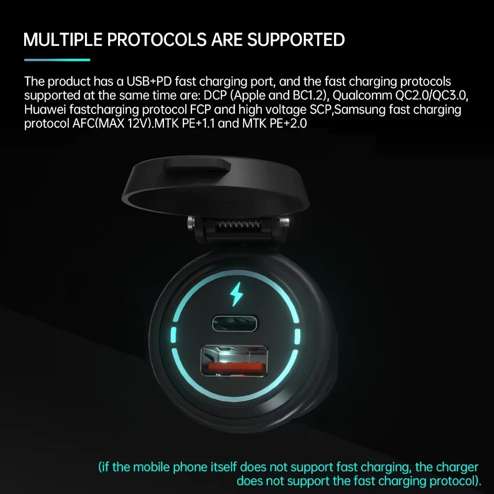 12V/24V Car USB Charger Socket PD Type C + QC 3.0 Power Outlet with Spring Cover Dual Ports Fast Charging for Motorcycle ATV RV