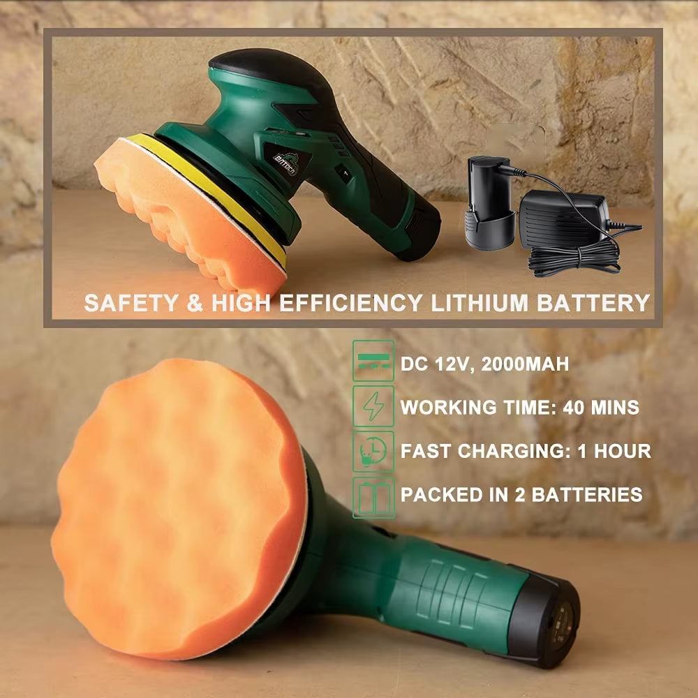 Cordless Car Polisher 12V Wireless DA Car Polishing Machine Brushless Dual Action Buffer Free 2Pcs 2.0Ah Lithium Battery