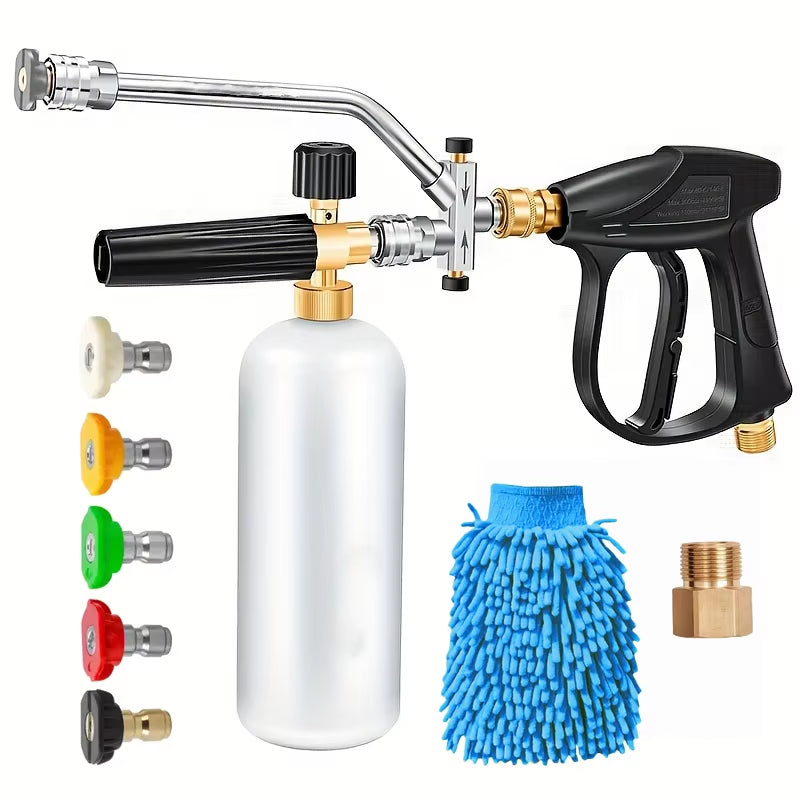 4000PSI High Pressure Washer Gun with Foam Cannon Car Wash Gloves M22-14/15 Dual 1/4' Adapter & 5 Nozzles for Car Cleaning