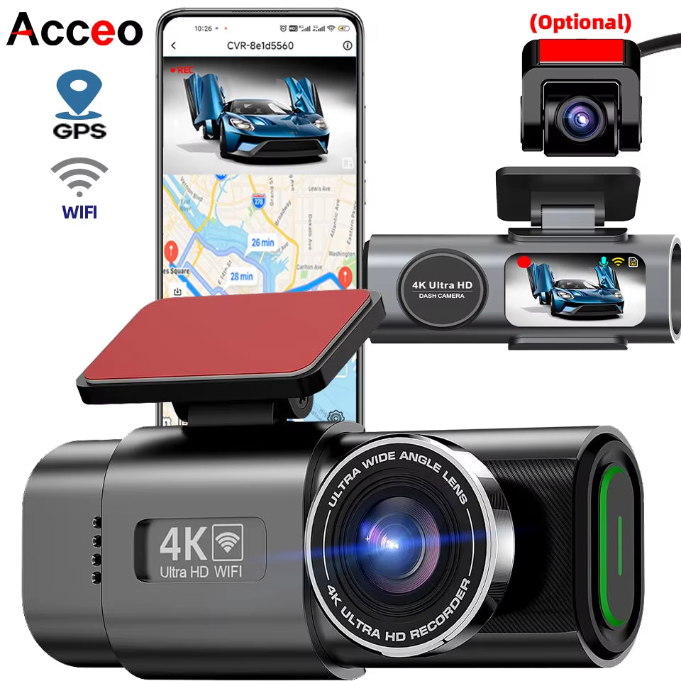 Dash Cam Dual Lens 4K UHD Recording Car Camera DVR Night Vision Video Recorder with GPS Wi-Fi Support Black Box 24H Parking