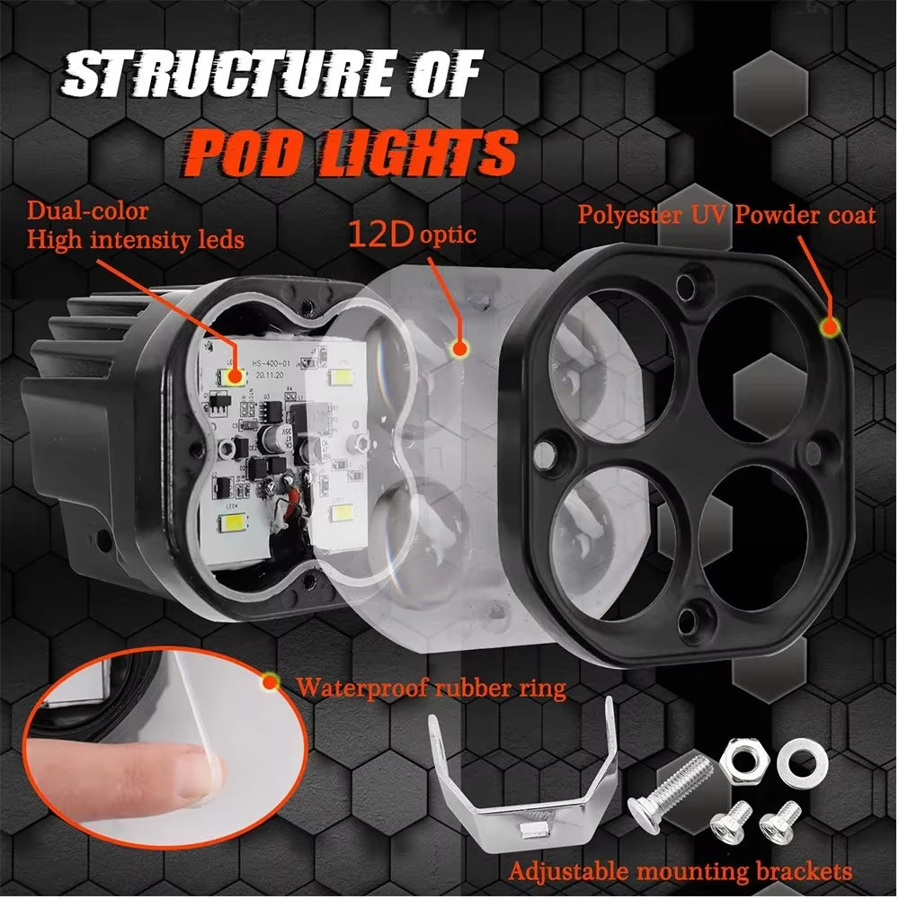 Auxiliary Led Headlights for 4X4 off Road 200W 3 Inch Dual Color Len Lighthouse Moto Long Range 12V 24V Running Truck Car SUV