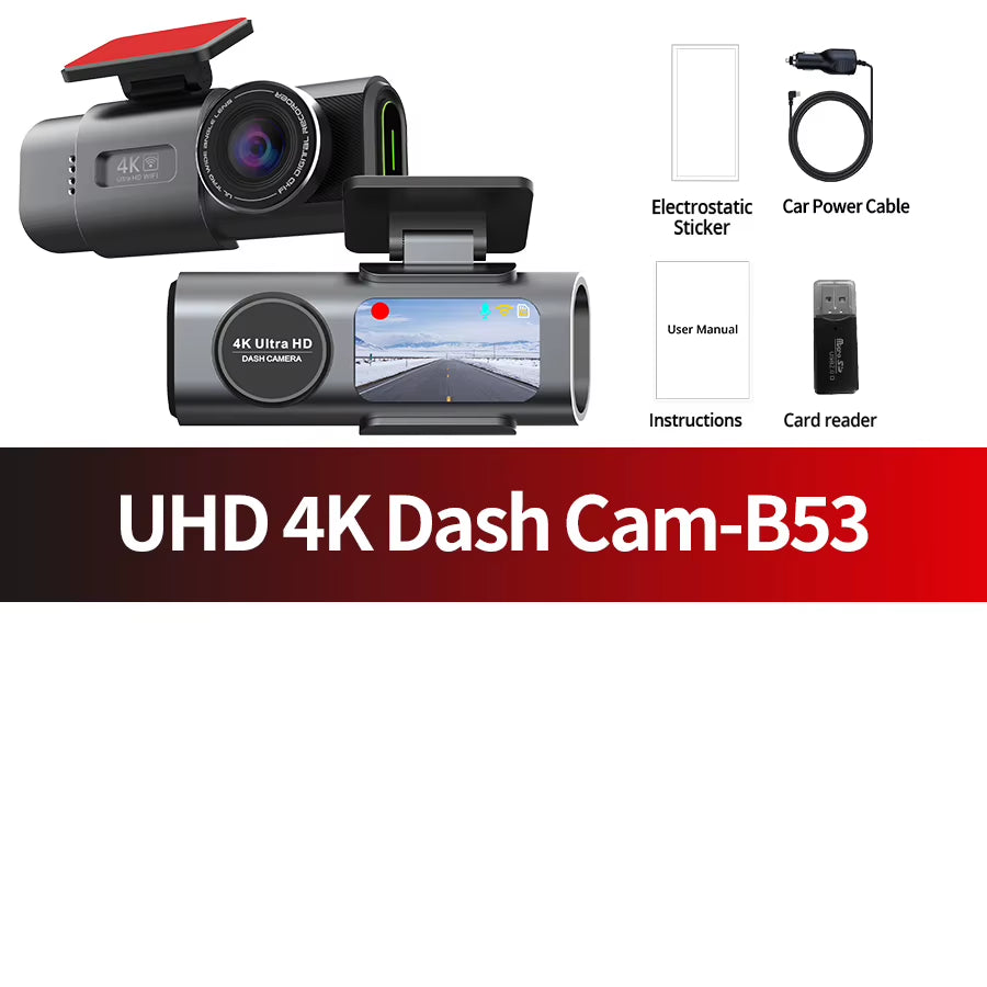 Dash Cam Dual Lens 4K UHD Recording Car Camera DVR Night Vision Video Recorder with GPS Wi-Fi Support Black Box 24H Parking
