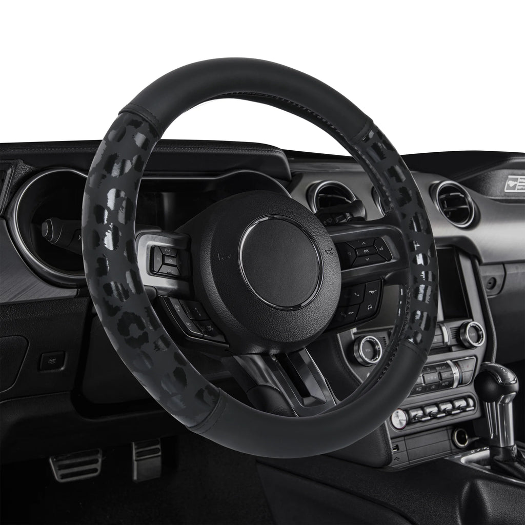 Black Leopard Faux Leather Steering Wheel Cover, Universal Fit for Sedans, Suvs, Set of 1