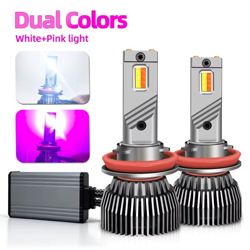 2Pcs H11 LED Bicolor Headlight Bulb H4 H1 H7 HB2 H3 H8 H9 9006/HB4 9005/HB3 Car Fog Light White Pink Auto Lamp