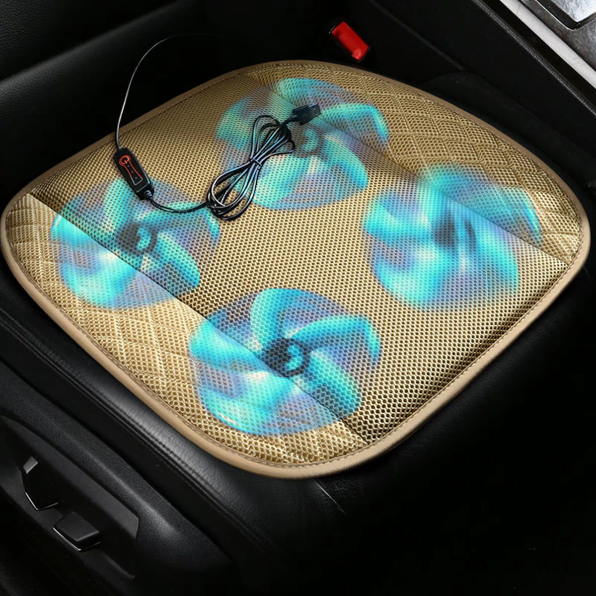 12V Cooling Car Seat Cushion Cover with Air Ventilated Fan Conditioned Cooler Pad with 5 Built-In Fan USB Port-Powered Fan Seat