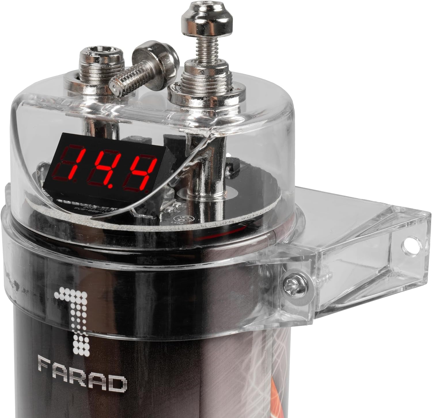 BB1D 1.0 Farad Car Audio Power Capacitor with Red Digital Voltage Display, Audible Warning Indicators, Clear Mounting Brackets, Automatic Shutoff Protection for Systems up to 1000W