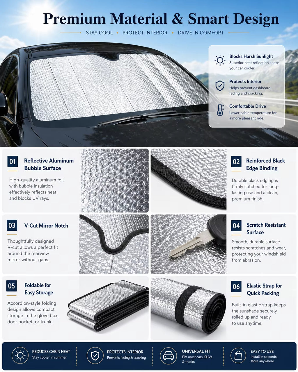 Car Windshield Sun Shade, Laser Reflective Heat Blocking Sun Visor, UV Protection Sunshade for SUV Sedan Truck