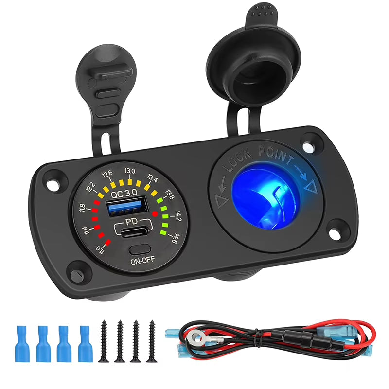 QC 3.0 Cigarette Lighter Outlet Waterproof 12V/24V PD USB Car Charge Socket Panel with Switch for RV Motorcycle Car Marine