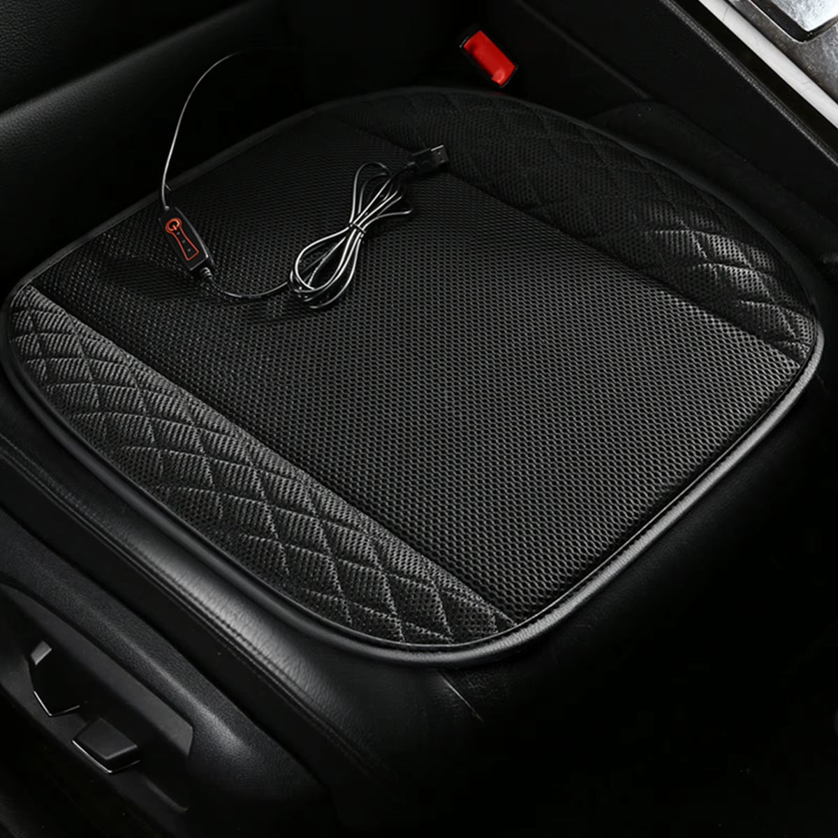 12V Cooling Car Seat Cushion Cover with Air Ventilated Fan Conditioned Cooler Pad with 5 Built-In Fan USB Port-Powered Fan Seat