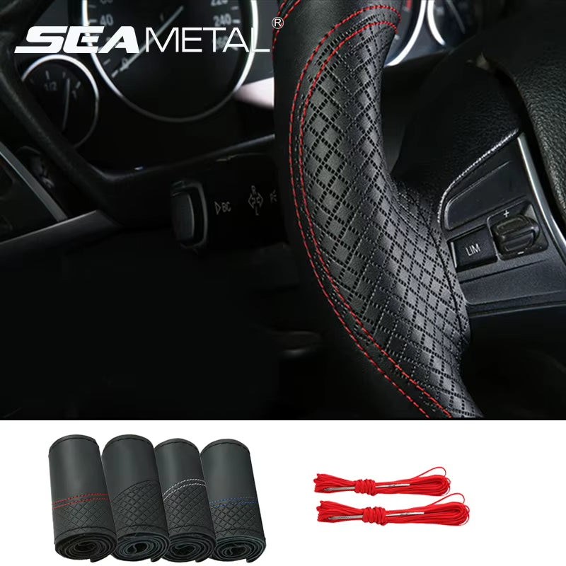 Leather Steering Wheel Cover Braid 38Cm on the Steering-Wheel Covers Funda Volante Auto Car Wheel Protection Car Accessories