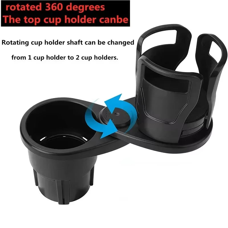 Car Cup Holder Expander Adapter, 2 in 1 Multifunctional 2 Cup Mount Extender Sturdy Cupholder with 360° Rotating Adjustable Base