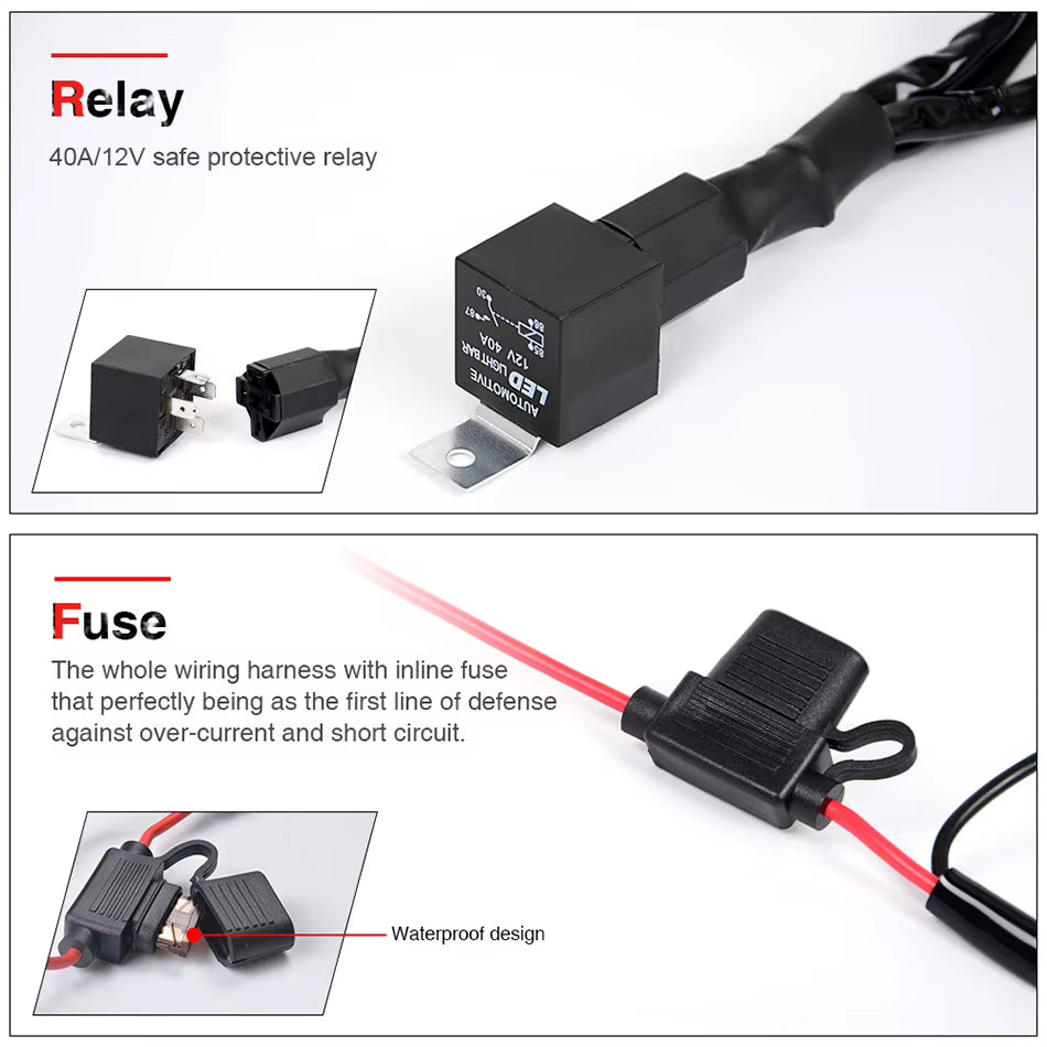 DT Plug Wiring Harness 12V 40A Relay Fuse On/Off Waterproof Switch Kit for 500W 400W 300W 200W 100W 6-52 Inch Led Work Light Bar