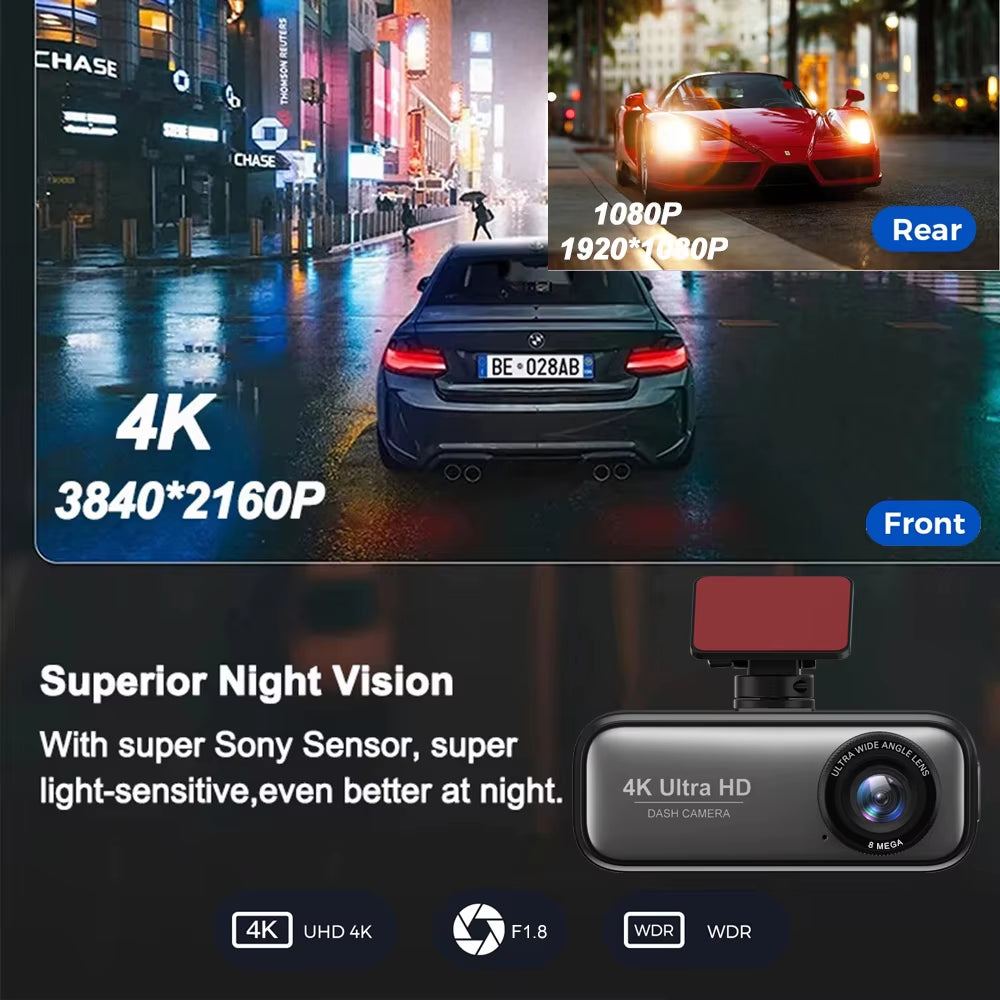 Dash Cam Ultra HD 4K+1080P Dual Dashcam Front and Rear for Cars, Built-In Wifi, Night Vision, APP, G-Sensor,170° Wide