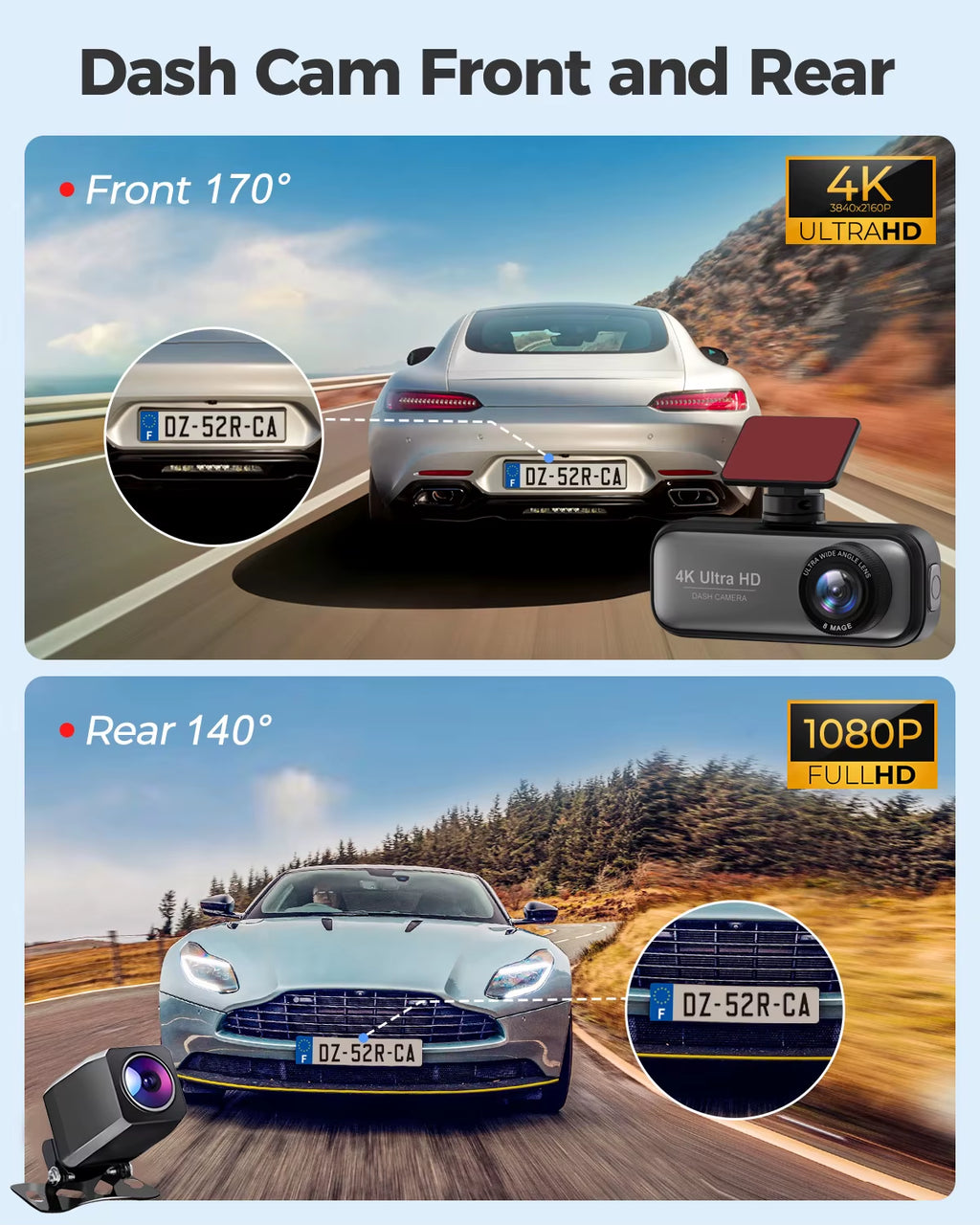 Dash Cam Ultra HD 4K+1080P Dual Dashcam Front and Rear for Cars, Built-In Wifi, Night Vision, APP, G-Sensor,170° Wide