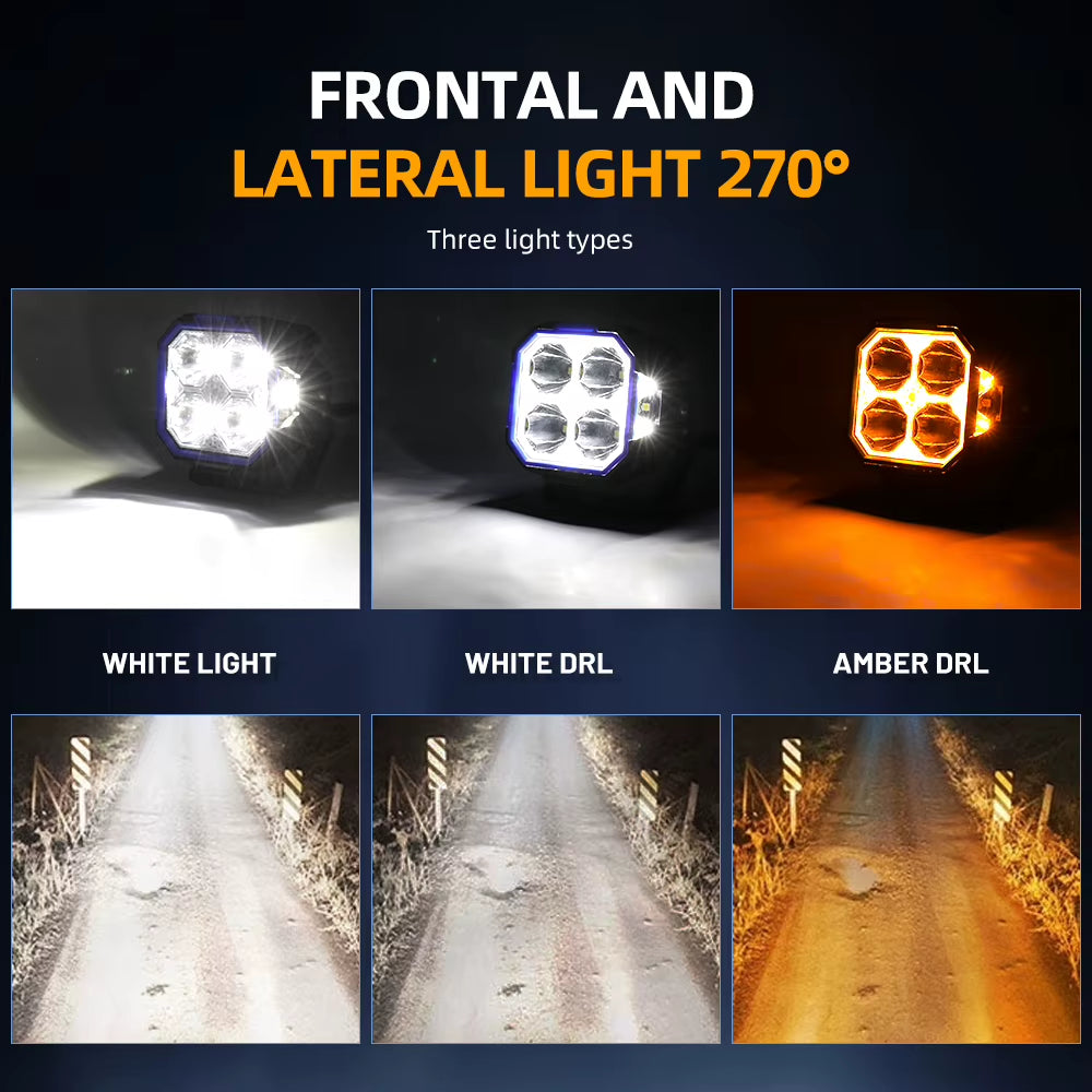 3 Inch Side LED Work Lights Amber White Side Shooter off Road Light Fog Driving Work Light for Truck Boat SUV with Wire