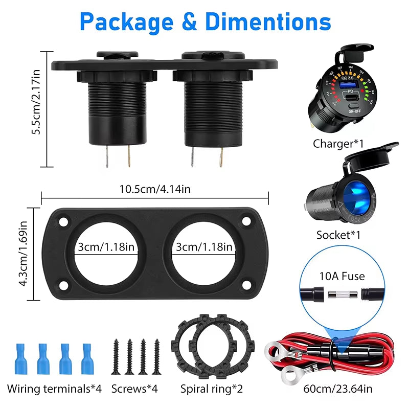 QC 3.0 Cigarette Lighter Outlet Waterproof 12V/24V PD USB Car Charge Socket Panel with Switch for RV Motorcycle Car Marine