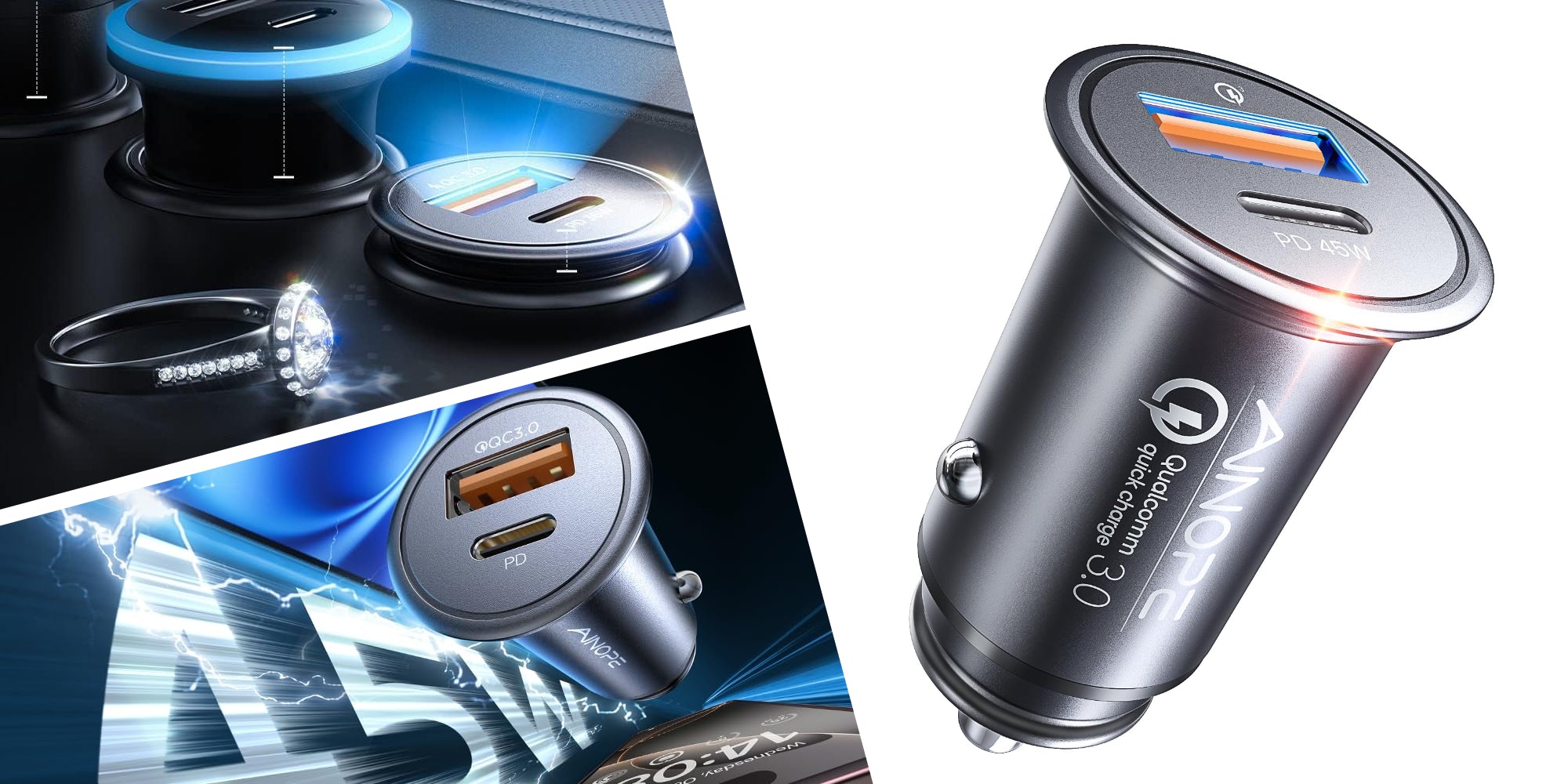 AINOPE 67.5W Metal USB-C Fast Charge Car Charger - PD & QC