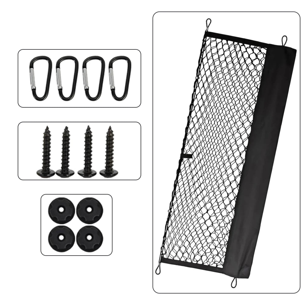 Truck bed cargo net hooks and buckles