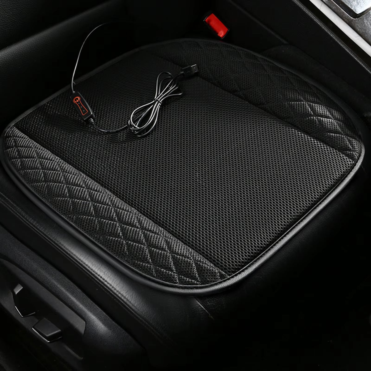 12V Cooling Car Seat Cushion Cover with Air Ventilated Fan Conditioned Cooler Pad with 5 Built-In Fan USB Port-Powered Fan Seat