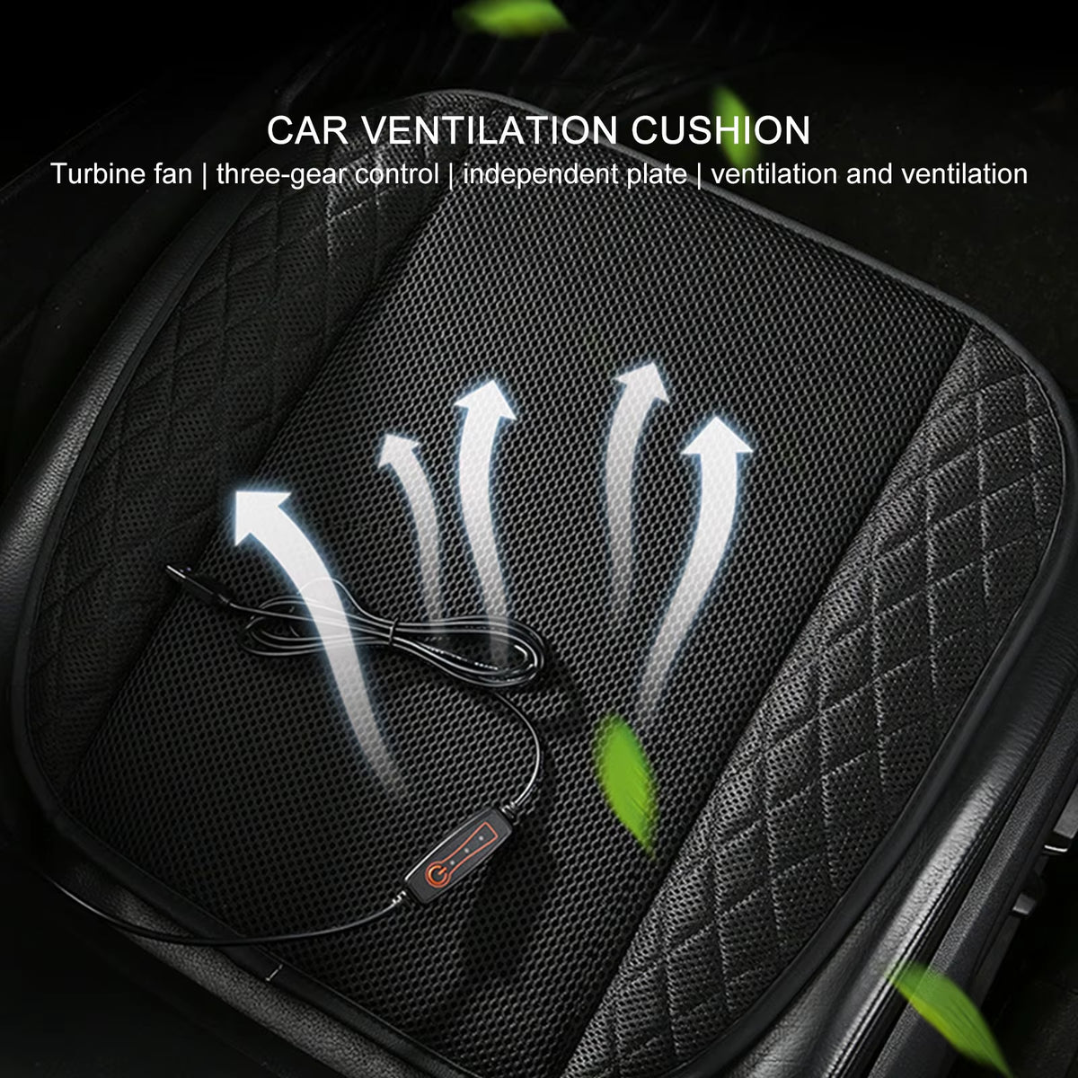 12V Cooling Car Seat Cushion Cover with Air Ventilated Fan Conditioned Cooler Pad with 5 Built-In Fan USB Port-Powered Fan Seat