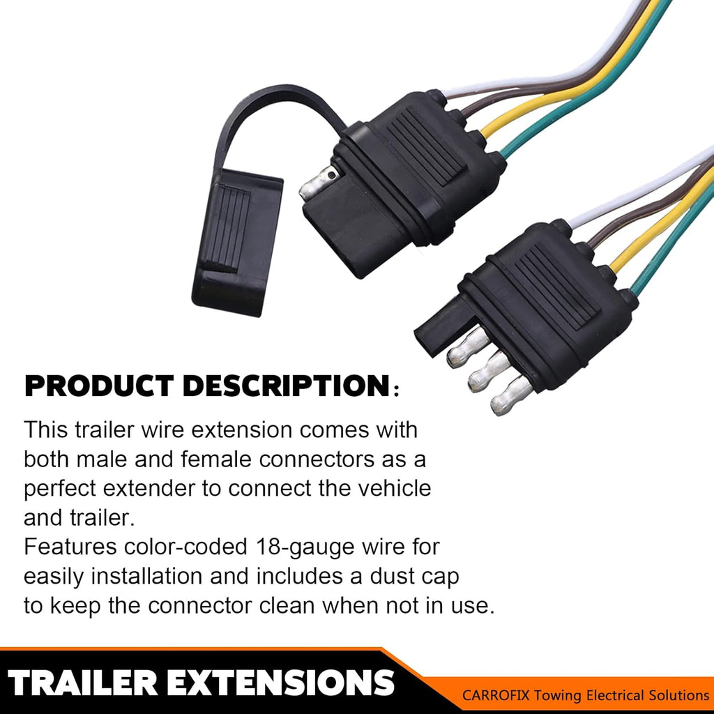 Trailer 4 Wire Plug 32" Inch 4 Pin Flat Wire Extension Male & Female Connector
