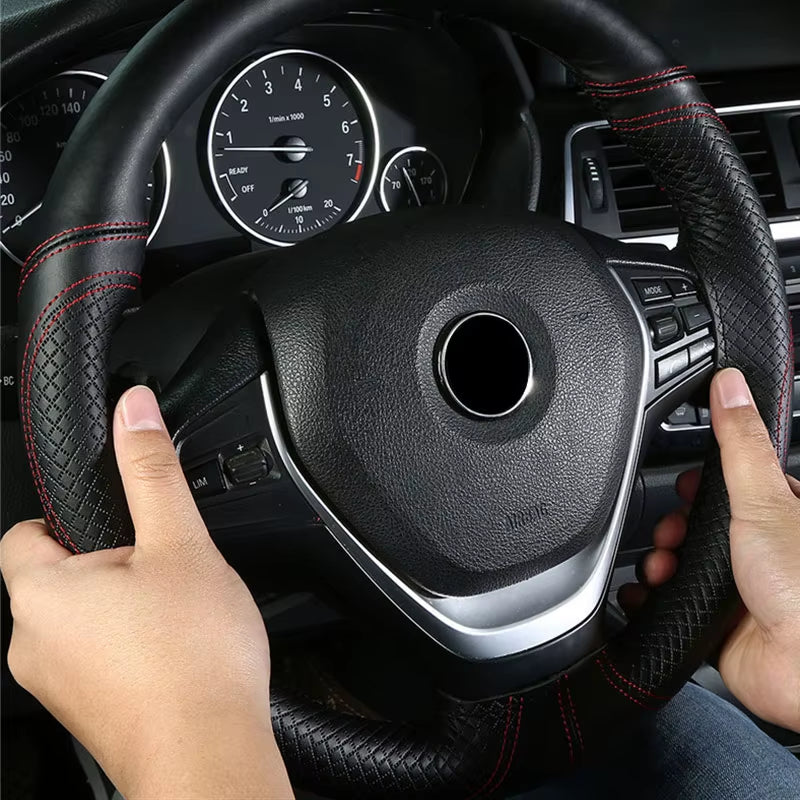 Leather Steering Wheel Cover Braid 38Cm on the Steering-Wheel Covers Funda Volante Auto Car Wheel Protection Car Accessories