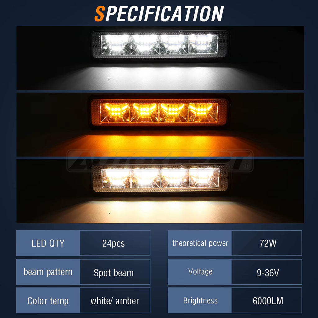6 Inch LED Light Bar Driving Running Light 72W Work Lamp Fog Light White/ Amber for Motorcycle 4X4 ATV SUV Truck Tractor 12V 24V