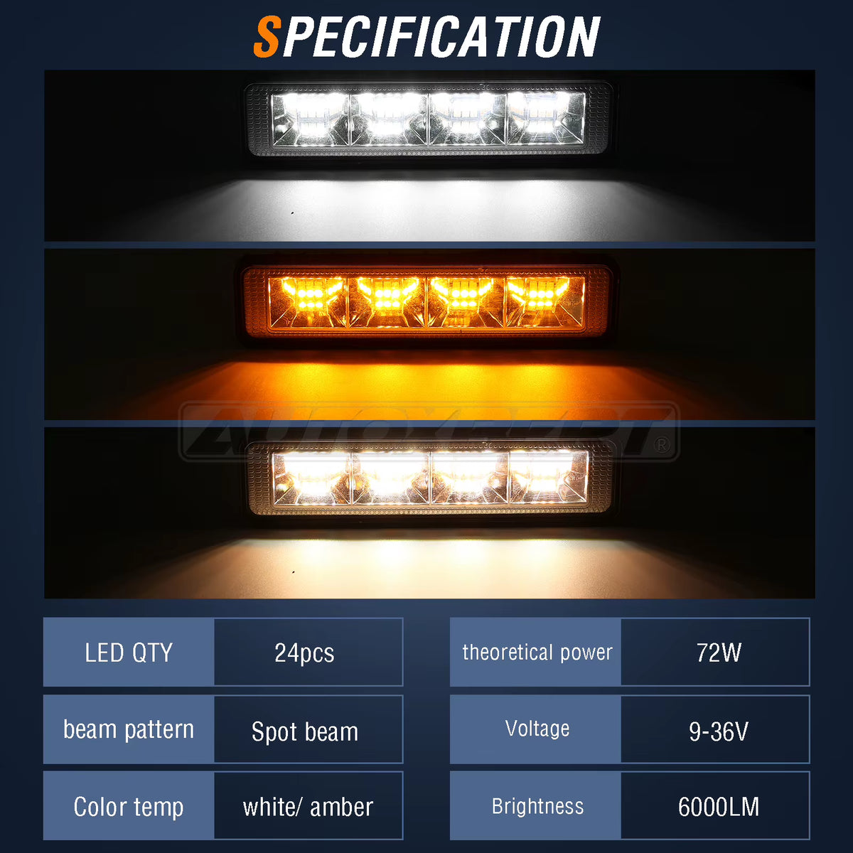 6 Inch LED Light Bar Driving Running Light 72W Work Lamp Fog Light White/ Amber for Motorcycle 4X4 ATV SUV Truck Tractor 12V 24V