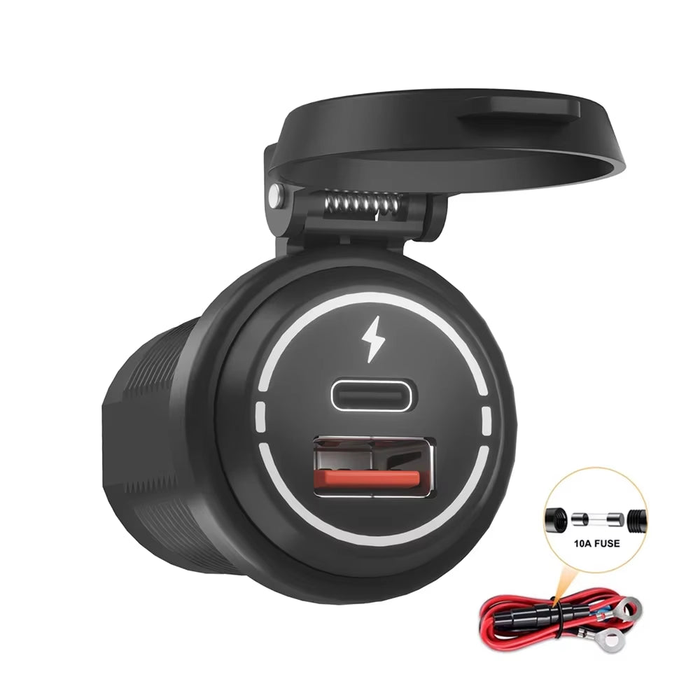 12V/24V Car USB Charger Socket PD Type C + QC 3.0 Power Outlet with Spring Cover Dual Ports Fast Charging for Motorcycle ATV RV