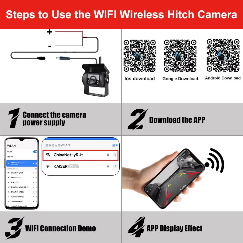 Wireless Wifi Car Backup Camera HD Night Vision Waterproof Reverse Camera for Ios Android Truck RV Trailer