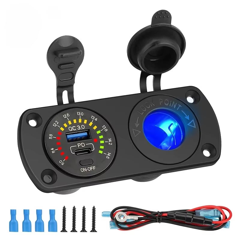 QC 3.0 Cigarette Lighter Outlet Waterproof 12V/24V PD USB Car Charge Socket Panel with Switch for RV Motorcycle Car Marine