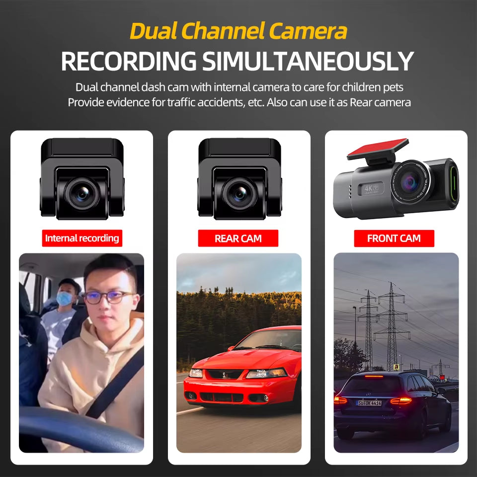 Dash Cam Dual Lens 4K UHD Recording Car Camera DVR Night Vision Video Recorder with GPS Wi-Fi Support Black Box 24H Parking