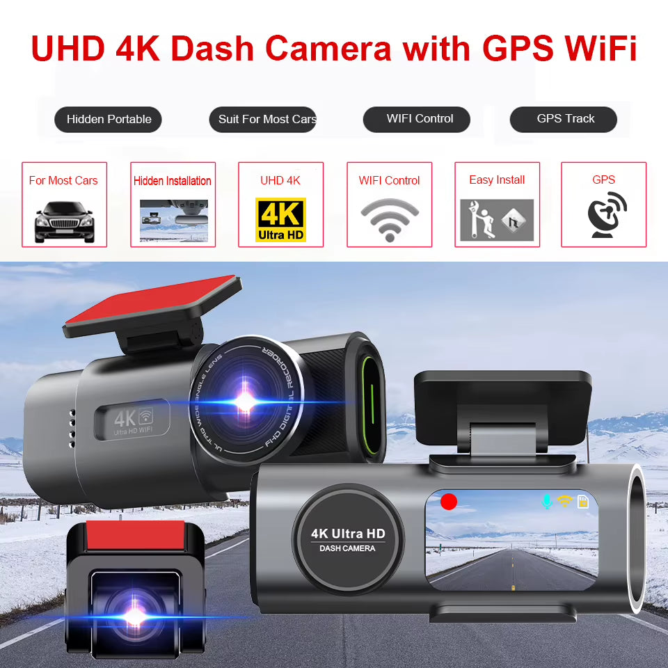 Dash Cam Dual Lens 4K UHD Recording Car Camera DVR Night Vision Video Recorder with GPS Wi-Fi Support Black Box 24H Parking