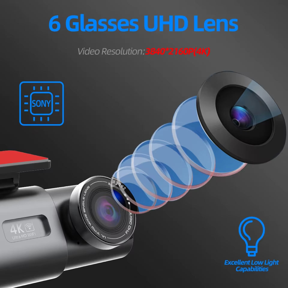 Dash Cam Dual Lens 4K UHD Recording Car Camera DVR Night Vision Video Recorder with GPS Wi-Fi Support Black Box 24H Parking