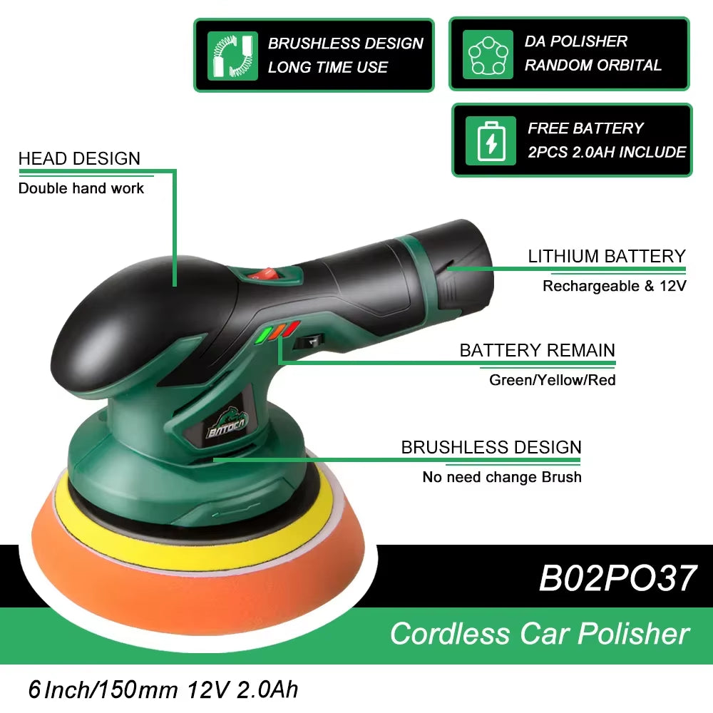 Cordless Car Polisher 12V Wireless DA Car Polishing Machine Brushless Dual Action Buffer Free 2Pcs 2.0Ah Lithium Battery
