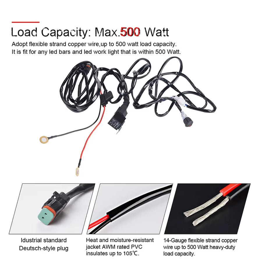 DT Plug Wiring Harness 12V 40A Relay Fuse On/Off Waterproof Switch Kit for 500W 400W 300W 200W 100W 6-52 Inch Led Work Light Bar