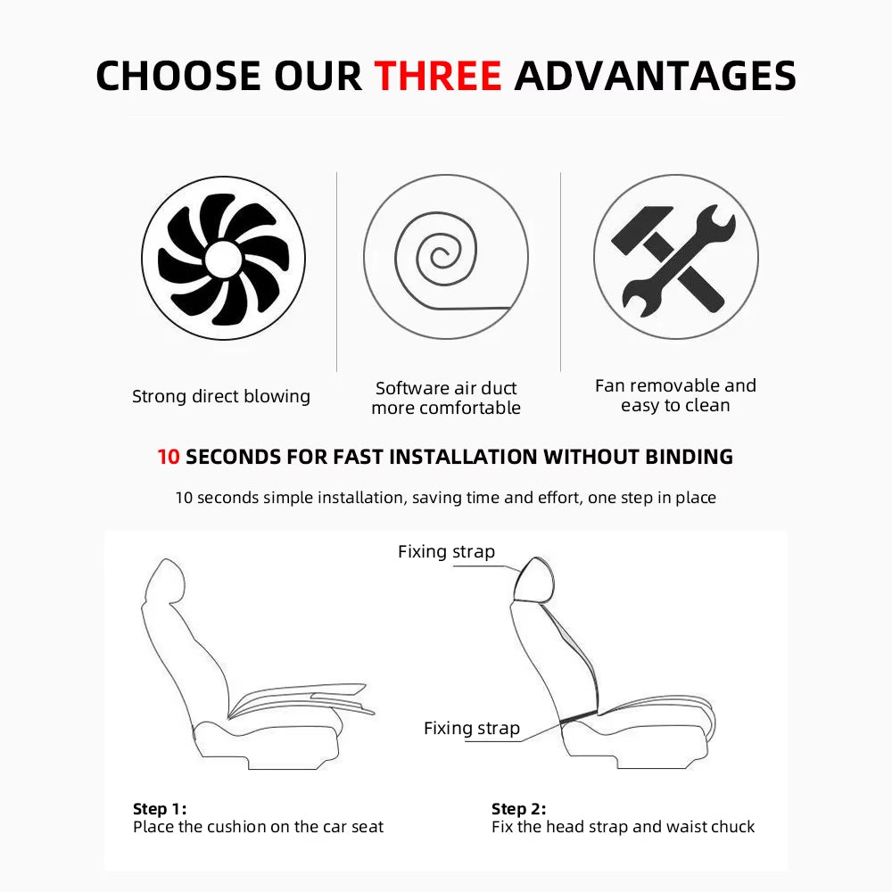 USB Summer Cooling Car Seat Cushion with Fan Front Seat Cooled Seat Cover Black Ventilated Breathable Seat Cover 3-Speed Setting
