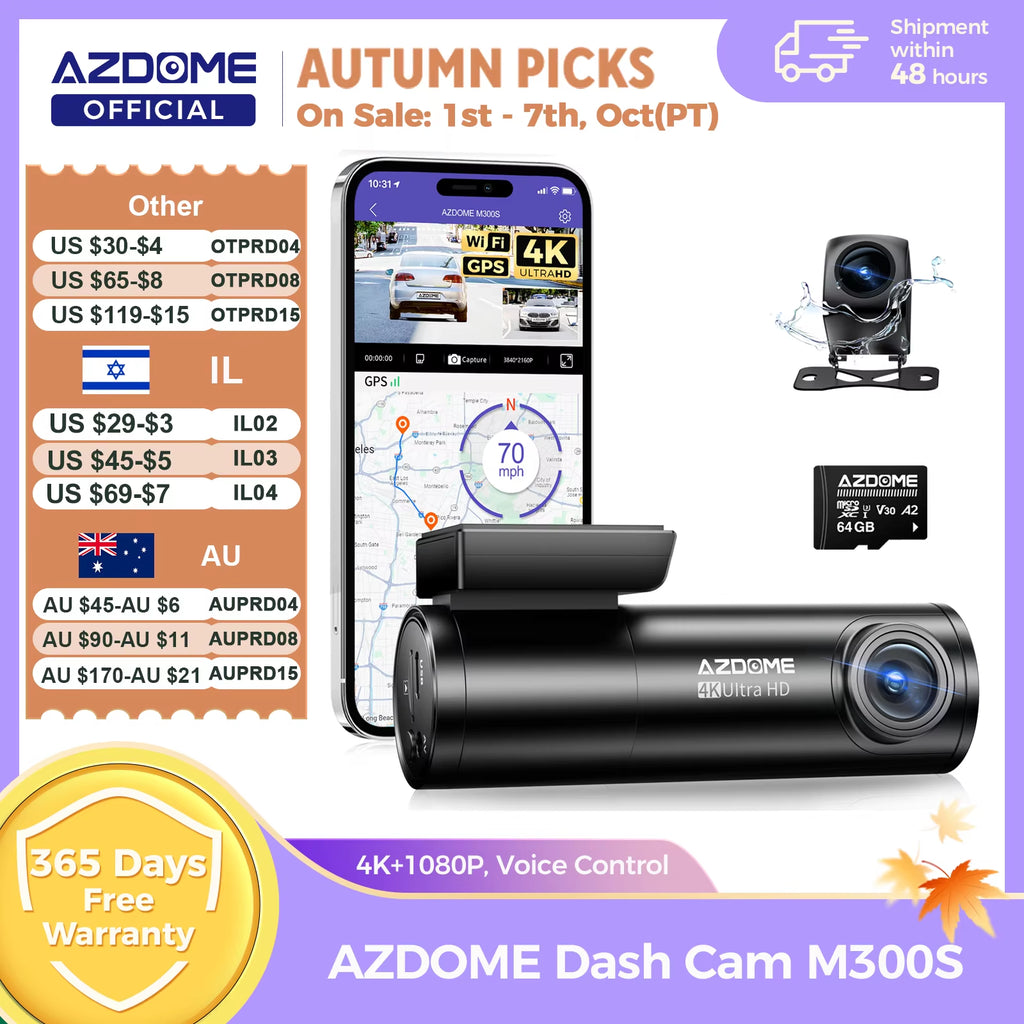 M300S 4K Dash Cam Front and Rear, Built-In ADAS Wifi GPS Dash Camera for Cars, Free 64GB Card, Voice Control, Night Visio
