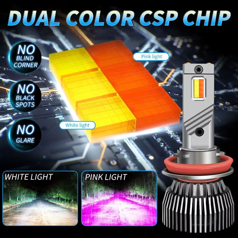 2Pcs H11 LED Bicolor Headlight Bulb H4 H1 H7 HB2 H3 H8 H9 9006/HB4 9005/HB3 Car Fog Light White Pink Auto Lamp