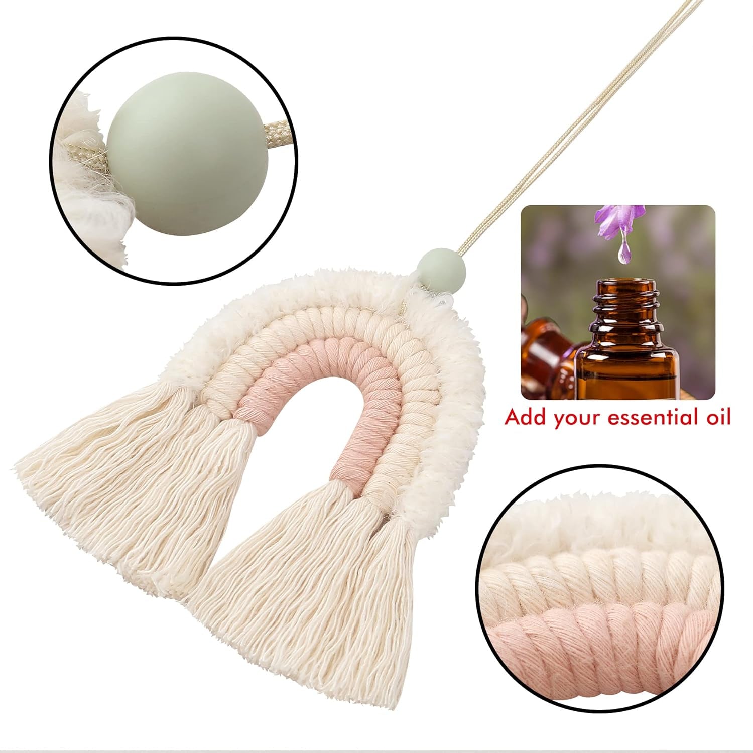 Macrame Rainbow Charm - Essential Oil Diffuser for Cars, Baby Nursery, Children'S Bedroom & Home Decor - Colorful Decorative Hanging Air Freshener & Accessories - 3X3.5 - Soft Pink
