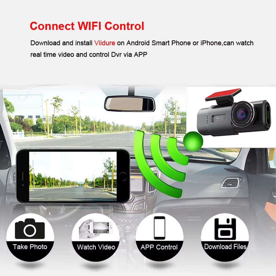 Dash Cam Dual Lens 4K UHD Recording Car Camera DVR Night Vision Video Recorder with GPS Wi-Fi Support Black Box 24H Parking