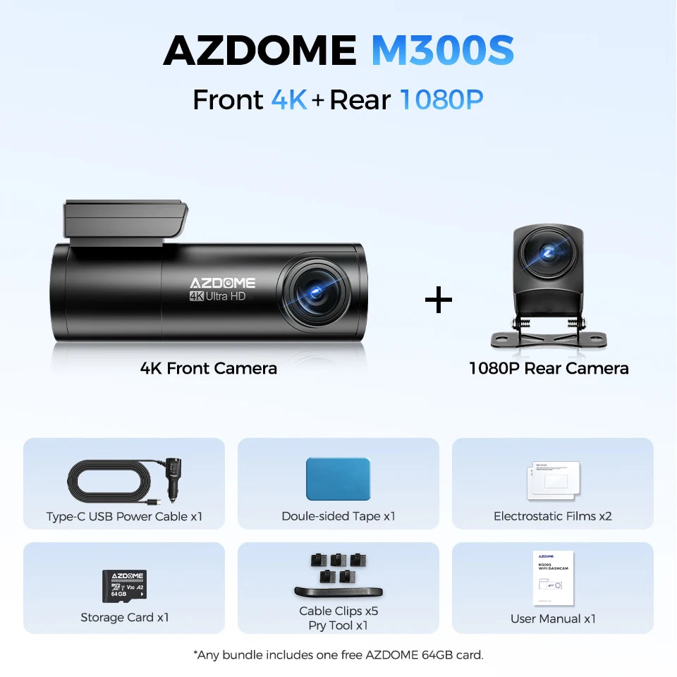 M300S 4K Dash Cam Front and Rear, Built-In ADAS Wifi GPS Dash Camera for Cars, Free 64GB Card, Voice Control, Night Visio