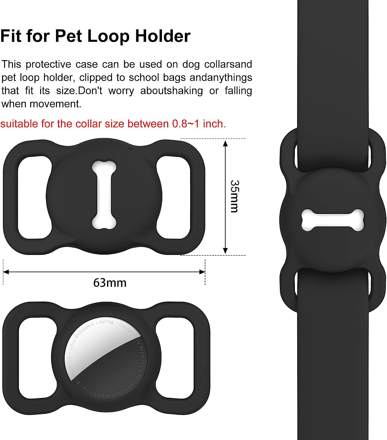 For Airtag Dog Collar Holder (1St & 2Nd Generation) Air Tag Protective Cat Airtag Dog Collar, Silicone Airtags GPS Tracking Accessories, Air Tags with Bone Pattern (1 Pack(Black))