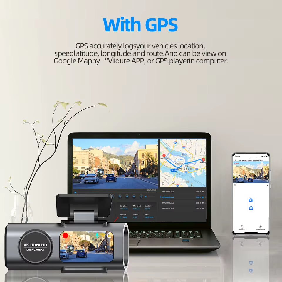 Dash Cam Dual Lens 4K UHD Recording Car Camera DVR Night Vision Video Recorder with GPS Wi-Fi Support Black Box 24H Parking